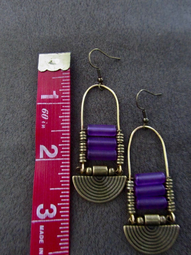 Purple frosted glass chandelier earrings, statement earrings, bold earrings, etched metal earrings, tribal ethnic earrings, chic image 2