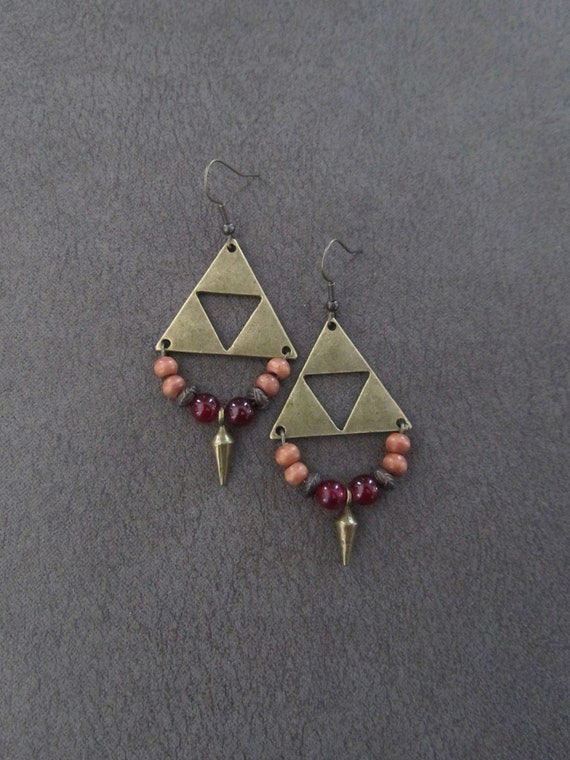Antique bronze triangle earrings, orange agate