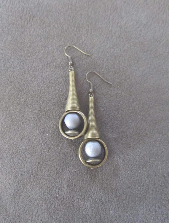 Silver Druzy Earrings, Bronze Minimalist Geometric Earrings