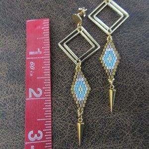 Long seed bead earrings, gold and blue image 2