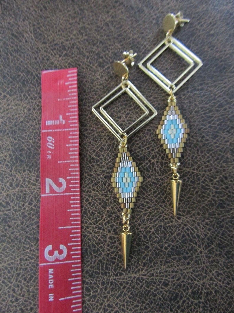 Long seed bead earrings, gold and blue image 2