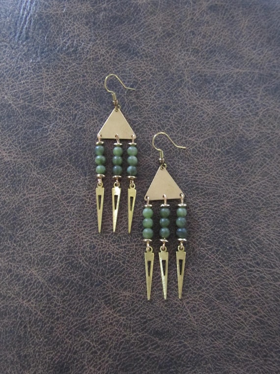 Jade and brass chandelier earrings