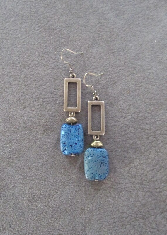 Teal Lava Rock Dangle Earrings: Mid Century Modern Style
