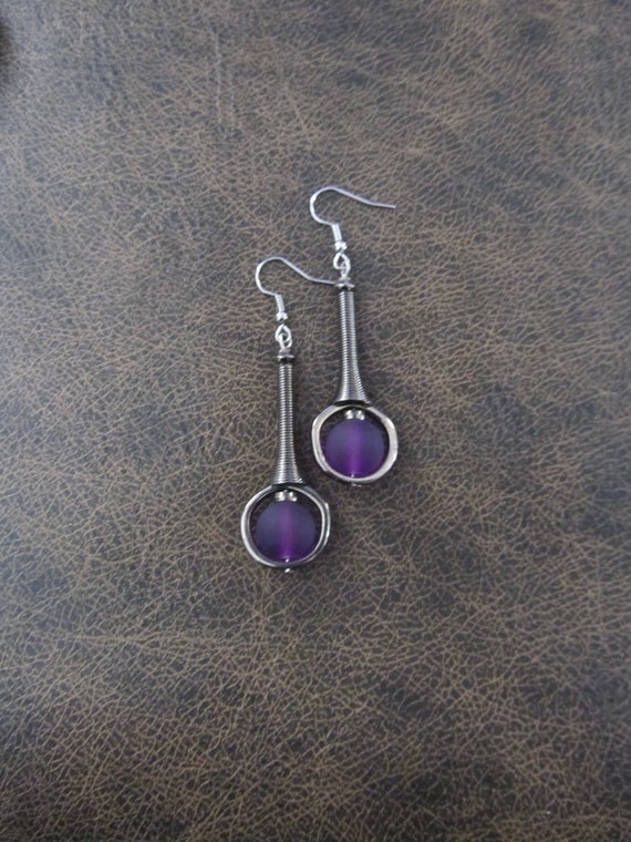 Mid century modern earrings purple frosted glass and gunmetal earrings
