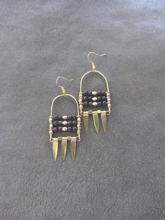 Dark stone and brass ethnic statement earrings
