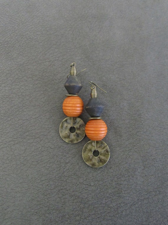 Hammered bronze earrings, geometric earrings, unique mid century modern earrings, ethnic earrings earrings, bohemian earrings, statement