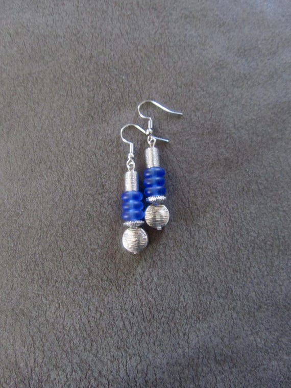 Blue frosted glass and silver earrings