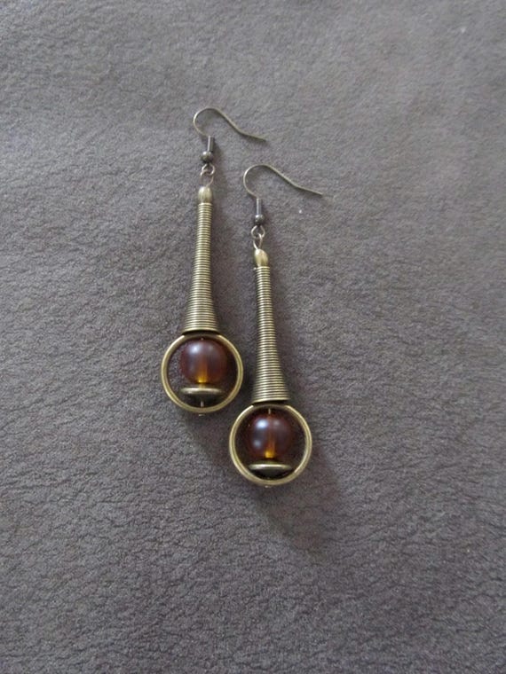 Mid century modern earrings orange frosted glass and bronze earrings