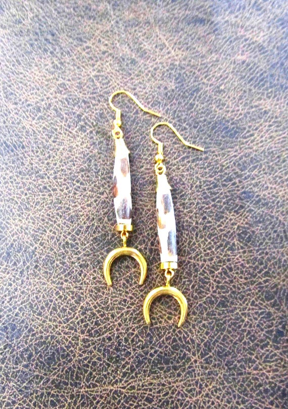 Batik print earrings, gold tribal dangle earrings, exotic bold statement earrings, African Afrocentric earrings 2