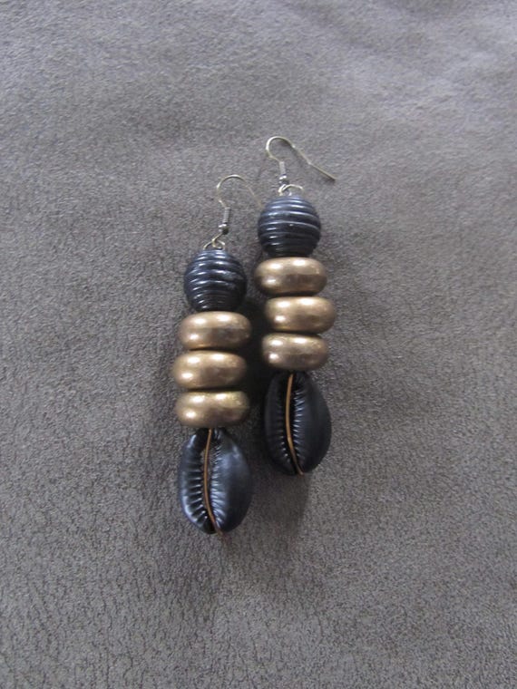 Chunky black and bronze cowrie shell earrings