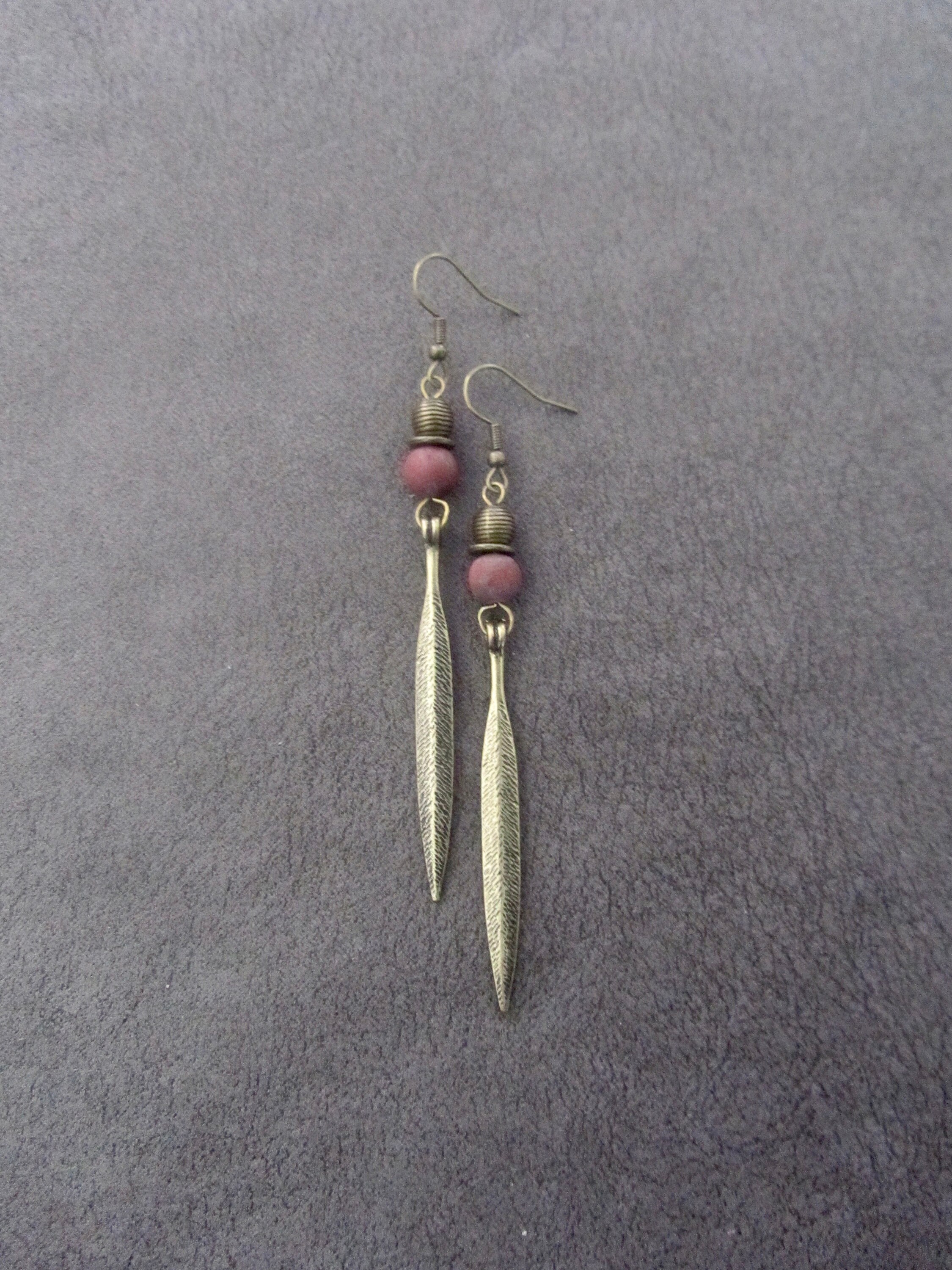 Boho earrings, long mid century modern earrings, leaf earrings, bohemian artisan earrings, chic contemporary earrings, red earrings by Afrocasian