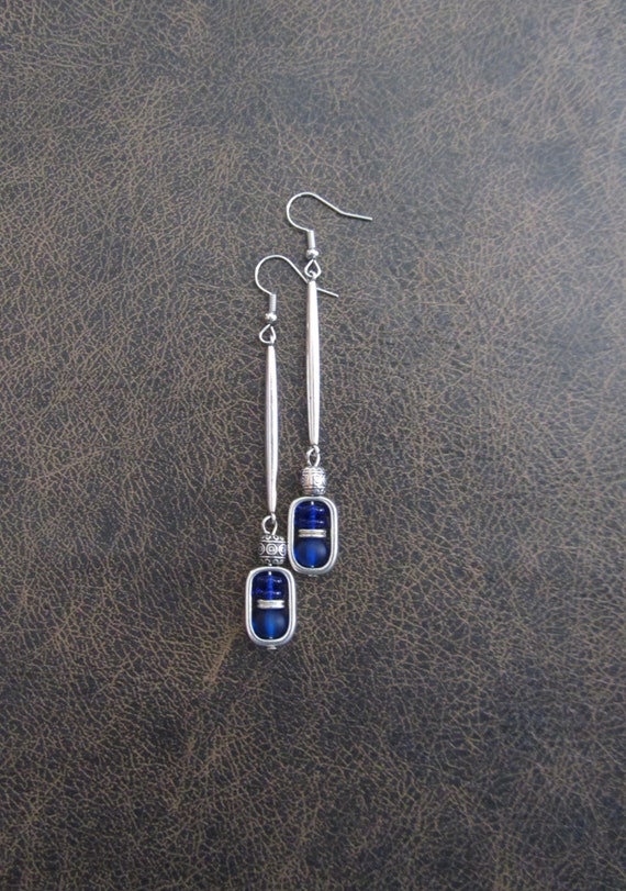 Sea glass earrings, bohemian earrings, beach earrings, silver boho earrings, long blue dangle earrings, artisan ethnic earring, simple chic