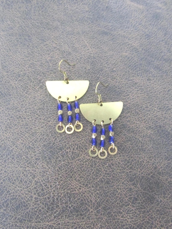 Chandelier royal blue crystal and brass earrings