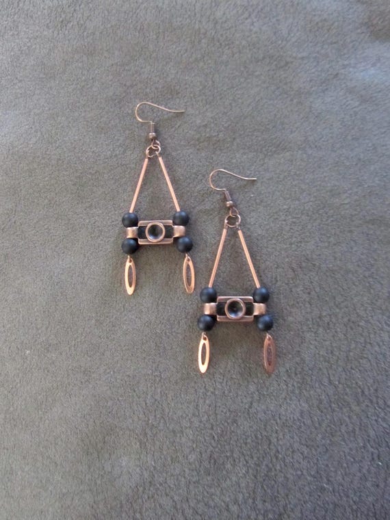 Copper mid century modern earrings, black