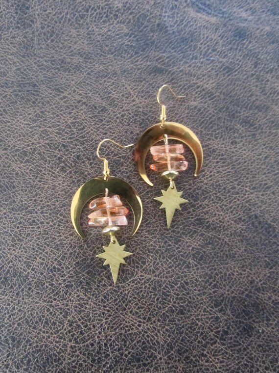 Raw quartz crystal earrings, peach and gold