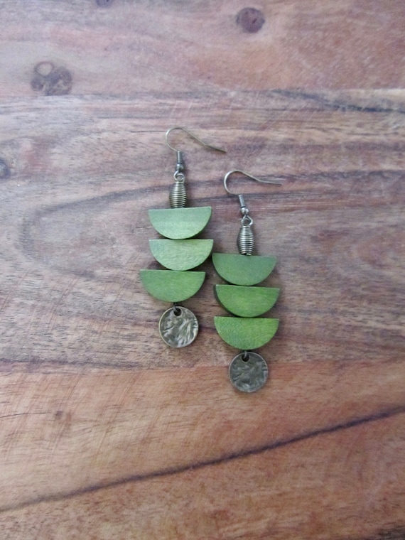 Wood and bronze dangle earrings, mid century modern earrings, bold statement, unique pagoda earrings, green