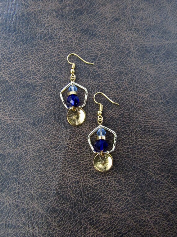 Hammered brass pentagon and crystal earrings, blue
