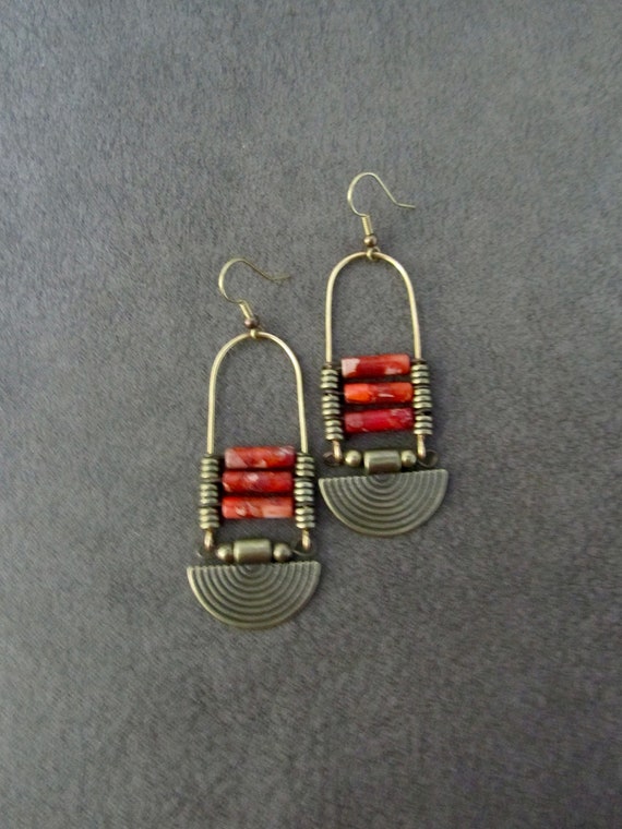 Imperial jasper earrings, orange tribal chandelier earrings, unique ethnic earrings, modern Afrocentric earrings, boho chic earrings