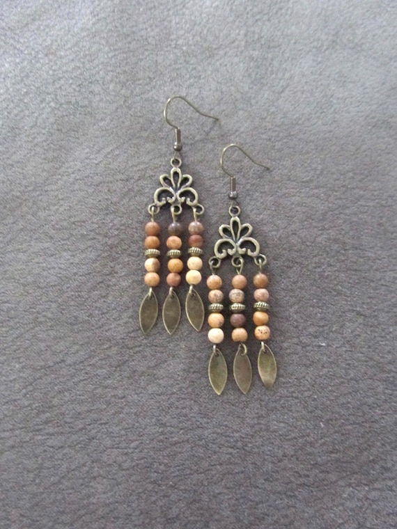 Tiger jasper bohemian chandelier earrings, bronze
