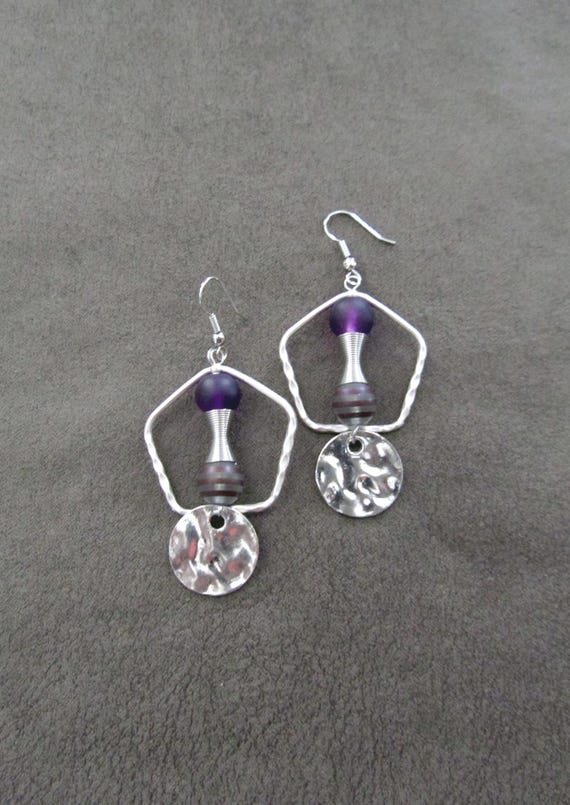 Hammered silver hexagon and purple dangle earrings
