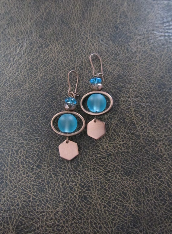 Copper and blue sea glass earrings, hexagon