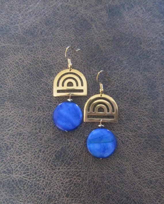Mid century modern blue mother of pearl and gold earrings