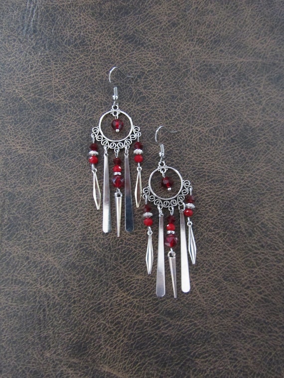 Red and silver chandelier earrings, gypsy crystal dangle earrings