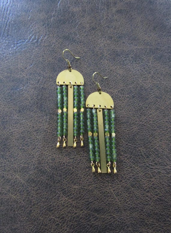Greed seed bead and brass earrings