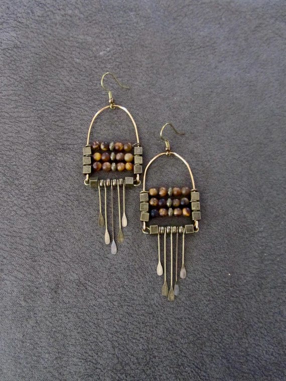 Bronze Chandelier Earrings, Tiger's Eye, Afrocentric Jewelry 44