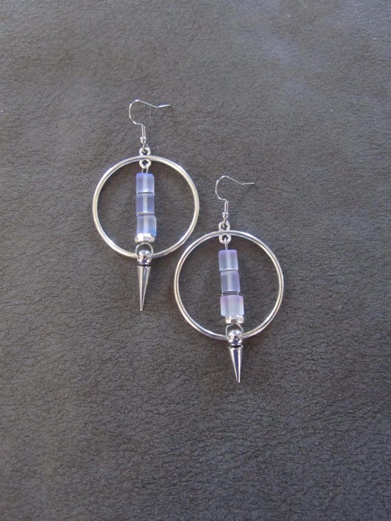 Purple frosted glass and silver hoop earrings