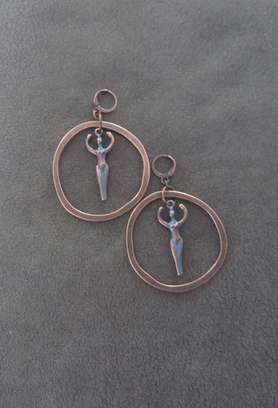 Goddess earrings, artisan copper hoop earrings