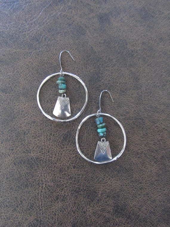 Bohemian silver hoop and turquoise earrings