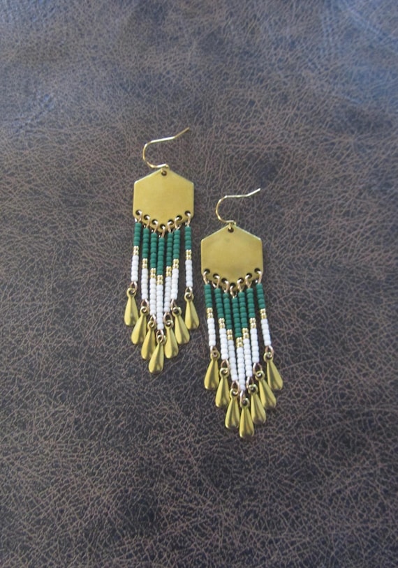 Green and white seed bead and brass earrings