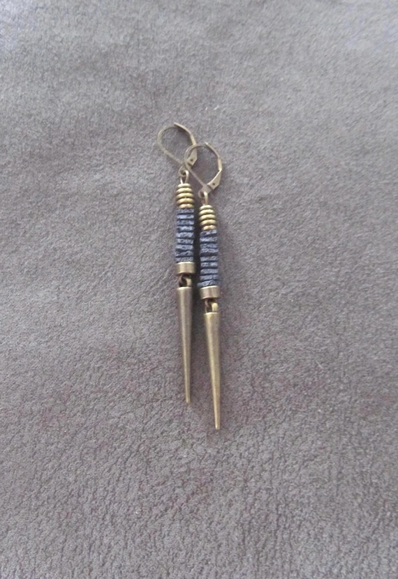 Gray lava rock and bronze spike earrings