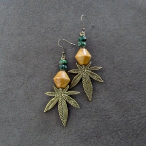 Bronze Hemp Leaf Earrings: Jasper & Wood Accent