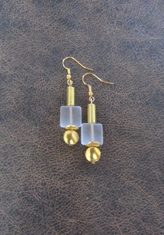 Clear frosted glass and gold earrings