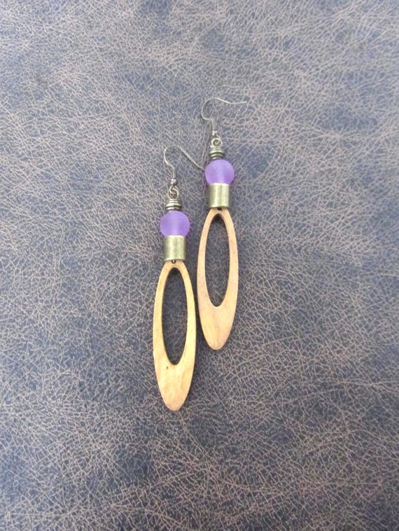 Long Wood & Purple Glass Earrings: Afrocentric Bohemian Jewelry