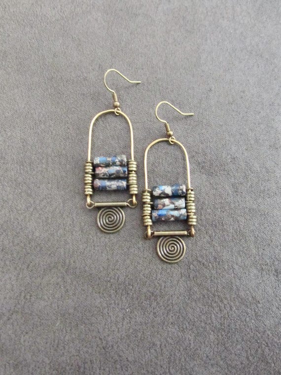 Blue Imperial Jasper Chandelier Earrings: Boho Tribal Style