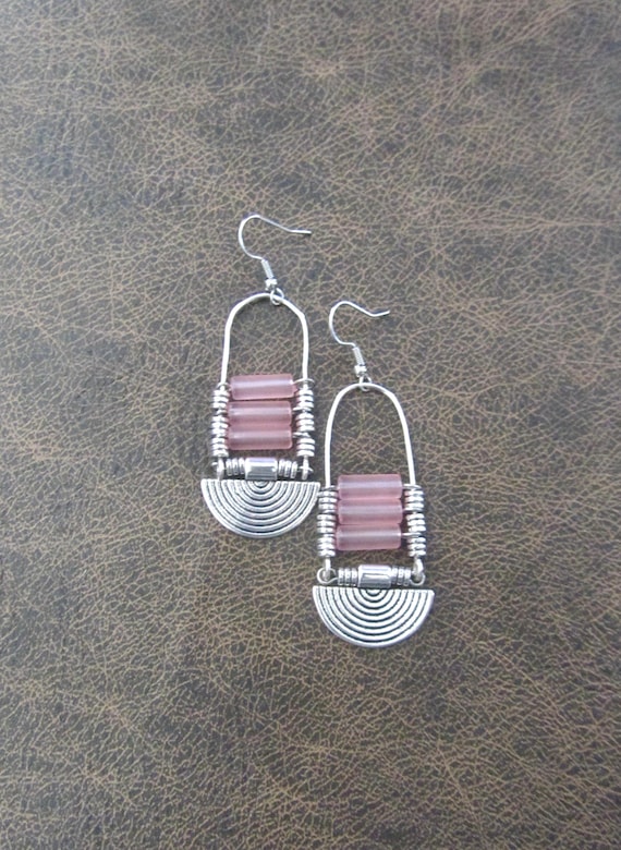 Pink Frosted Glass Chandelier Earrings: Etched Silver Tribal Earrings