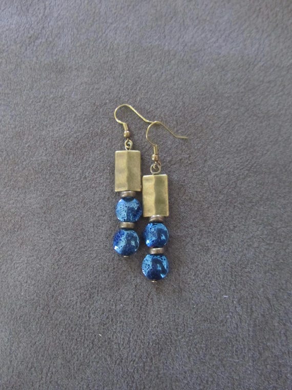 Blue lava rock and bronze dangle earrings