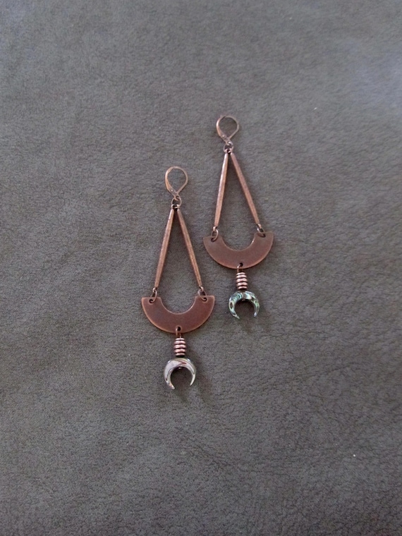 Copper geometric earrings, mid century modern, minimalist abalone