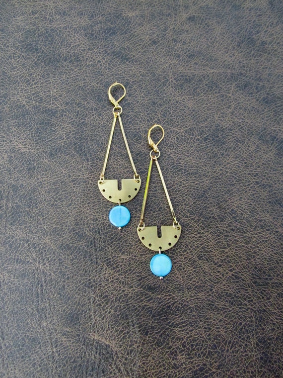 Blue mother of pearl shell and brass earrings
