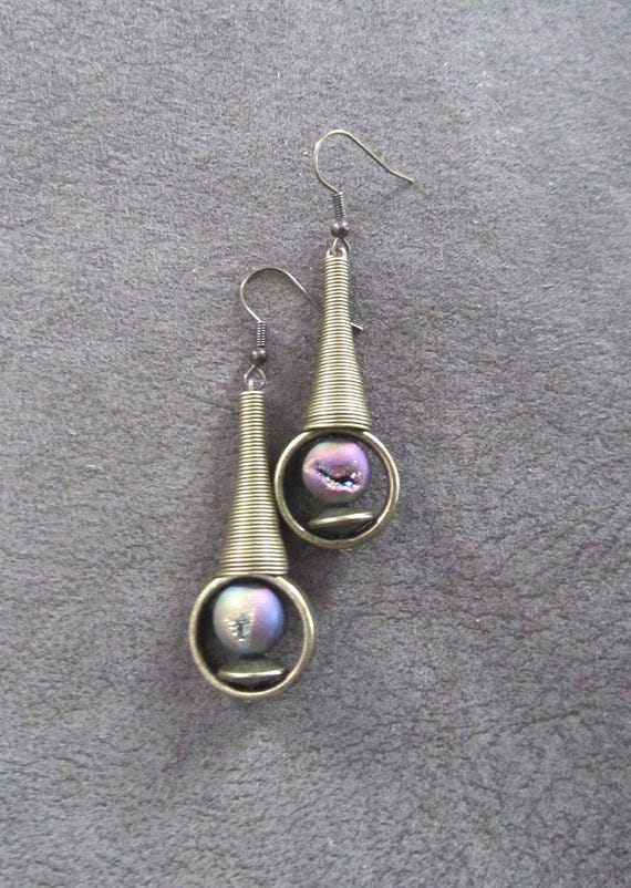 Brutalist Druzy Earrings: Electroplated Rainbow Bronze, Mid Century Modern