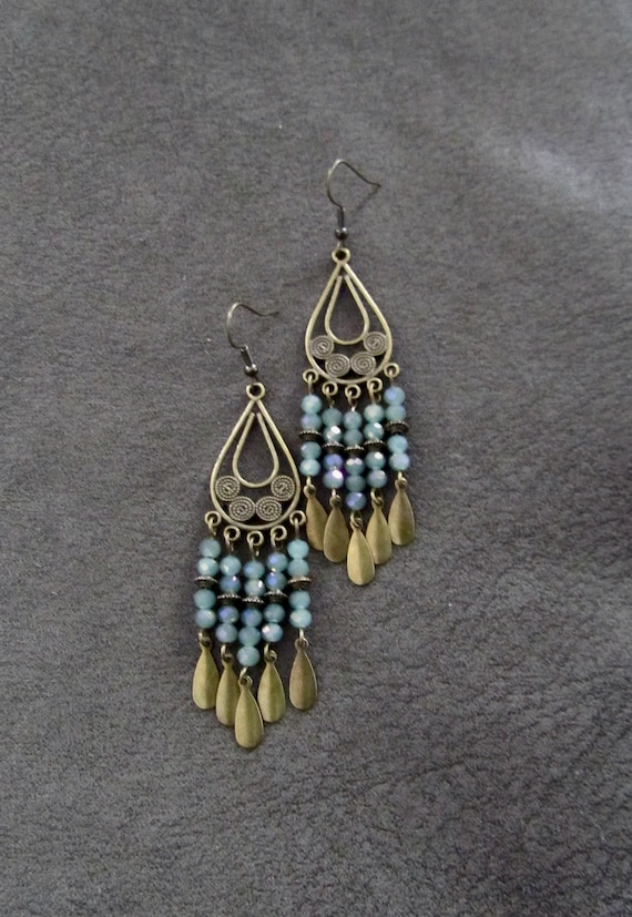 Crystal chandelier earrings, sea green and bronze earrings