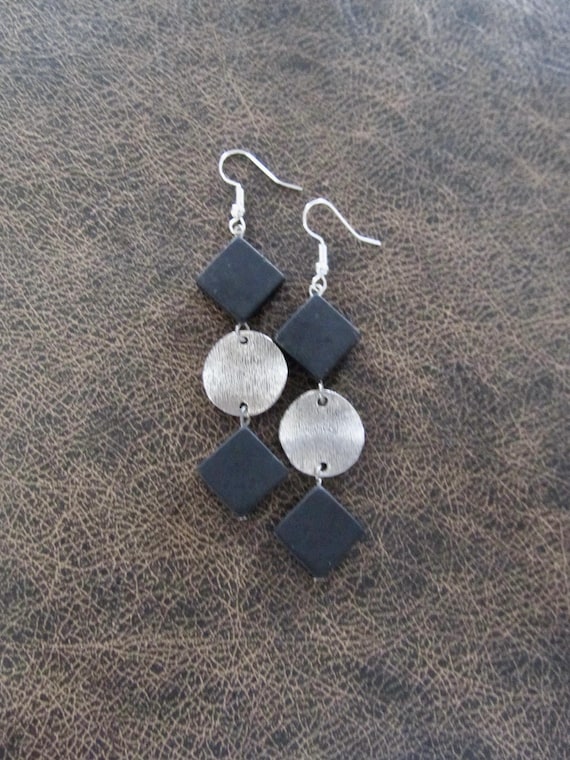 Modern silver and black stone geometric earrings