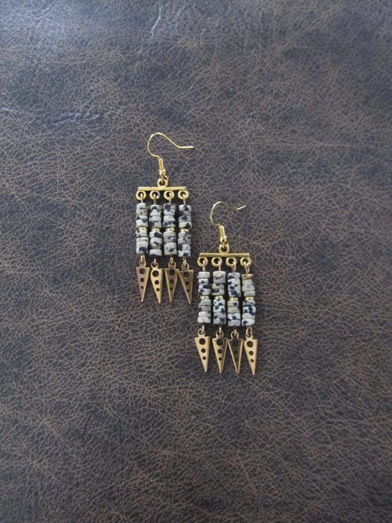 Dalmatian jasper and gold tribal chandelier earrings
