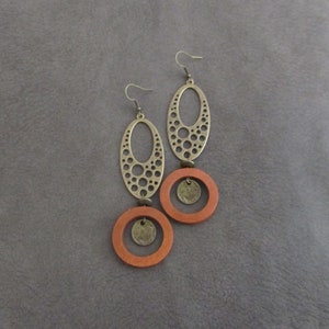 Orange wooden mid century modern geometric earrings image 1