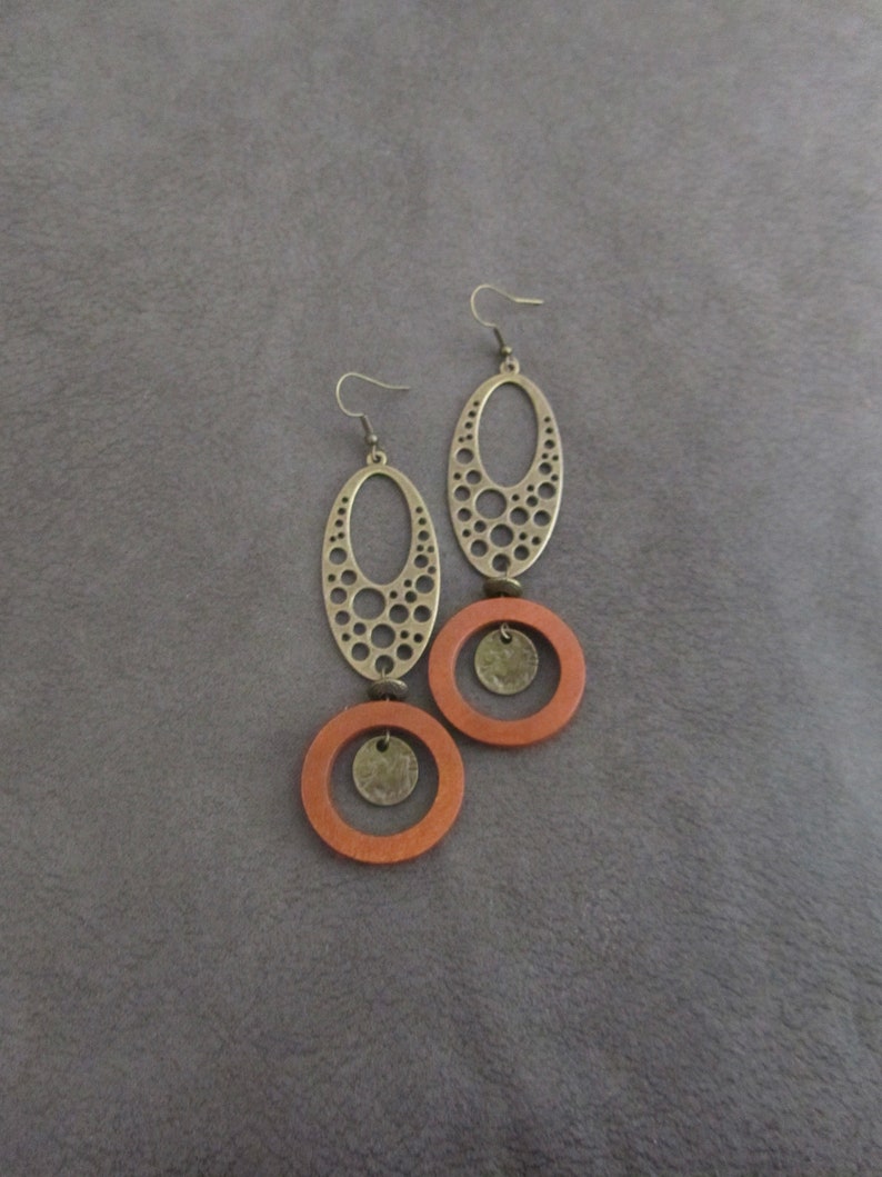 Orange wooden mid century modern geometric earrings image 1
