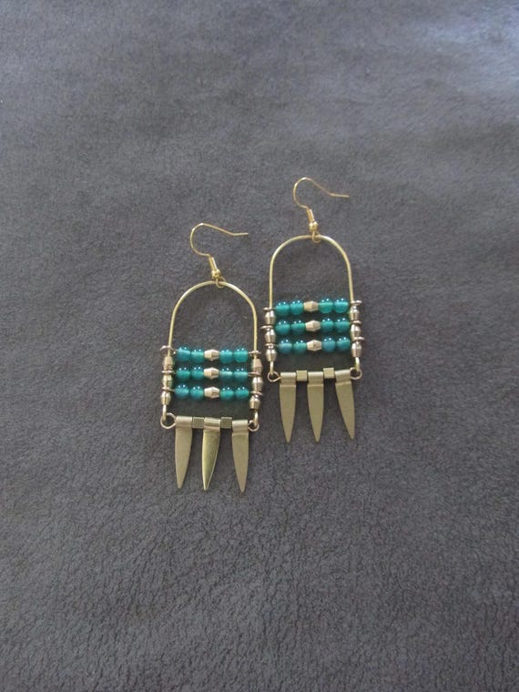 Green stone and brass ethnic statement earrings