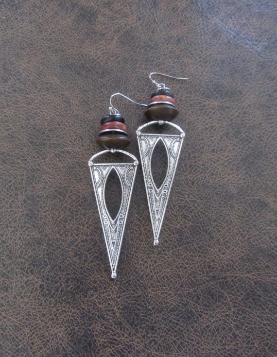 Large etched silver ethnic earrings